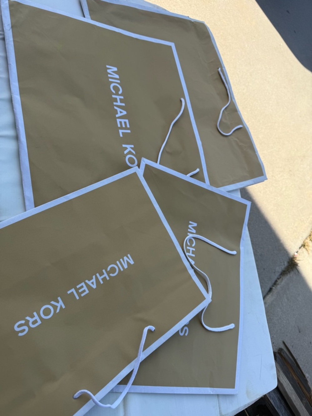 Michael Kors Tan and White Shopping Bags (Set)